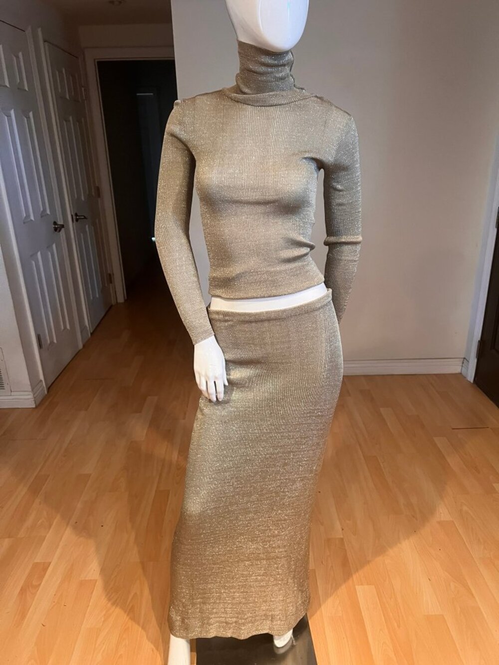 90'S ANNE KLEIN VINTAGE GOLD LUREX 3 PCS CARDIGAN TOP SKIRT SET SZ S SMALL - Picture 7 of 9